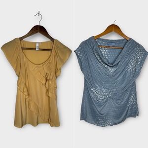 TWO Anthropologie 100% Silk Blouses Blue Abstract Lines Yellow Ruffles Small 4 6